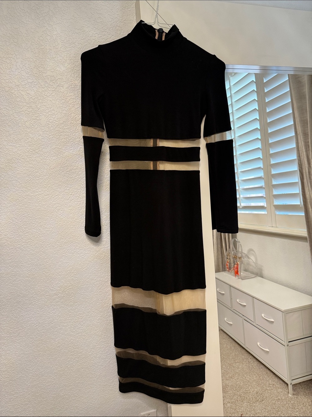 JLUXLABEL Black Long-Sleeve Midi Dress with Beige Sheer Stripes